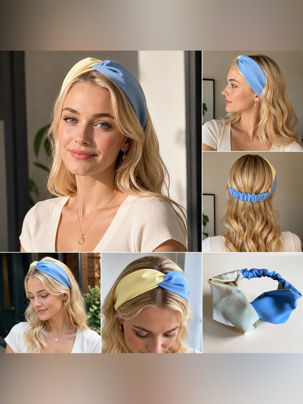 Coacea Handmade Satin Twist Headband β Light Blue & Pale Yellow